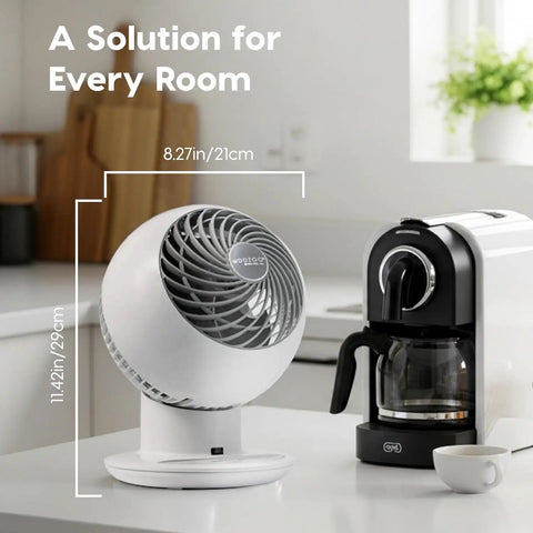Dead Quiet Air Circulator Fan With Remote And Five Speed Controls For No Sweat Whole Room Cooling In Crisp White Finish on a kitchen countertop.