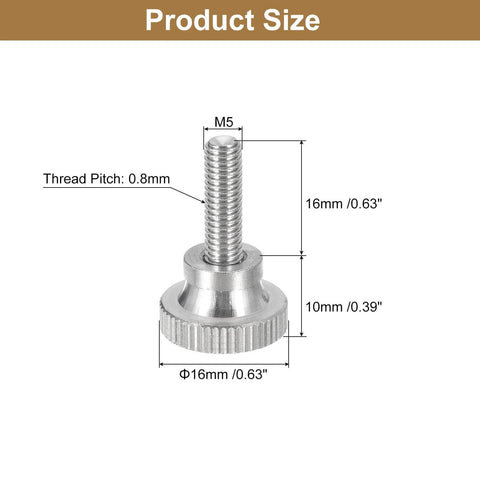 M5x16mm Knurled Thumb Screws, 5 Pack, 304 Stainless Steel with flat knurled head and shoulder grip bolt for electronics size specifications