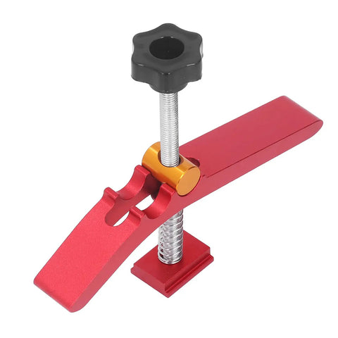 Must-Have Adjustable T-Track Hold Down Clamp For Your Workbench Shop Gear, featuring red aluminum alloy, suitable for various woodworking tasks.
