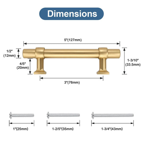 Dimensions diagram for 10 Pack 3 Inch Cabinet Pulls in Champagne Gold for Kitchen Cabinets, showing length, height, and included screws.
