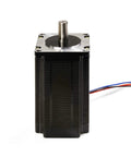 NEMA 23 stepper motor with 8mm shaft, 100mm length, black body and silver mounting plate, four-wire lead