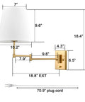 Gold Swing Arm Wall Lamp With Brass Finish And Linen Shade Two Pack Plug In Or Hardwired For Bedroom Bedside Reading Light With Dimensions