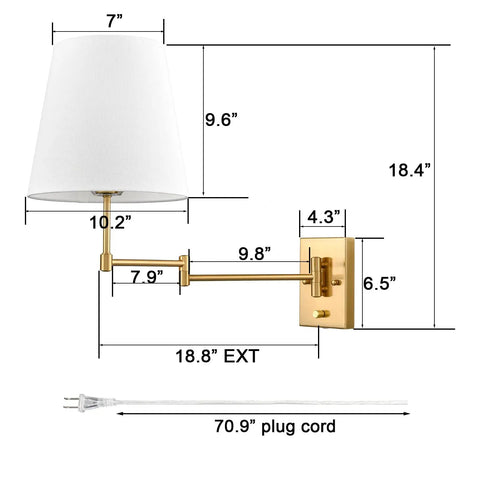 Gold Swing Arm Wall Lamp With Brass Finish And Linen Shade Two Pack Plug In Or Hardwired For Bedroom Bedside Reading Light With Dimensions