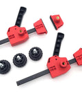 Hella Tight 12 Piece MFT Table Clamp Kit For Workbenches Featuring 4 Inch Vertical And Horizontal Clamps With 20mm Dog Holes Bench Dogs And Locking Knobs. Red and black clamps with knobs and spacers.