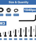 Pro Grade 1040 Piece M3 Screw Kit Featuring Hex Socket Head Cap Screws And M3 Bolts Nuts Washers Includes Allen Key showing sizes and quantities of components.