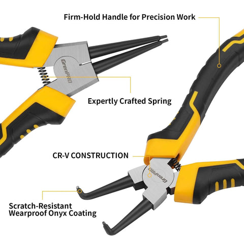Heavy Duty Snap Ring Pliers Set, Four Piece Kit, 7 Inch Internal And External Circlip Pliers With Straight And Bent Jaw Options, CR-V Construction