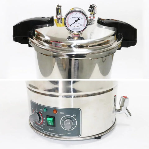 Top view of 24L stainless steel steam autoclave lid with pressure gauge and black handles
Control panel view of 24L stainless steel steam autoclave with on/off switch and timer