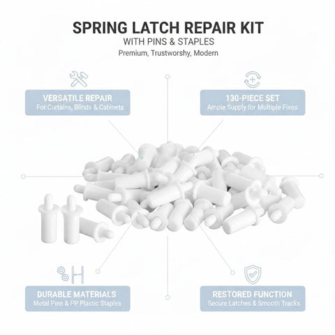 Spring Latch Repair Kit With Pins And Staples For Curtains Blinds And Cabinet Doors 130 Piece Set showing metal pins and staples
