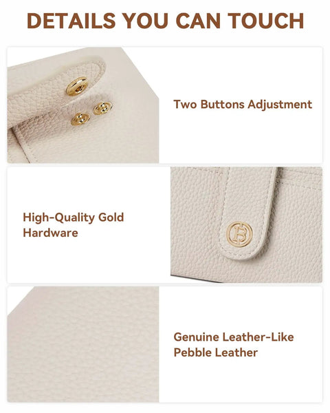 Slim RFID Blocking Wallet For Women, beige with double-snap closure and gold hardware details shown in close-up.