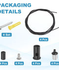 Packaging details of Four Piece Ceiling Hanging Wire Cable Kit with adjustable mounts, cable, screws, and components.