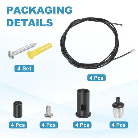 Packaging details of Four Piece Ceiling Hanging Wire Cable Kit with adjustable mounts, cable, screws, and components.