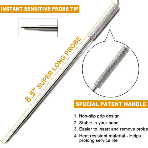 Stainless Steel Meat Probe Replacement With Non Slip Grip, 8.5 Inch Probe, 40 Inch Cable, Food Grade Safe For Grilling And Smoking, Fits Most Digital Meat Thermometers, Easy Plug In And Pull Out, Durable Kitchen Gear