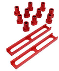 10 Pack Bench Dogs Non Slip Clamps For Woodworking, Heavy Duty Aluminum Alloy, Anodized, Rock Solid Workbench Stops, 20mm Diameter With 2 Base Plates, Red, Easy Setup And Precise Alignment shown in red color.