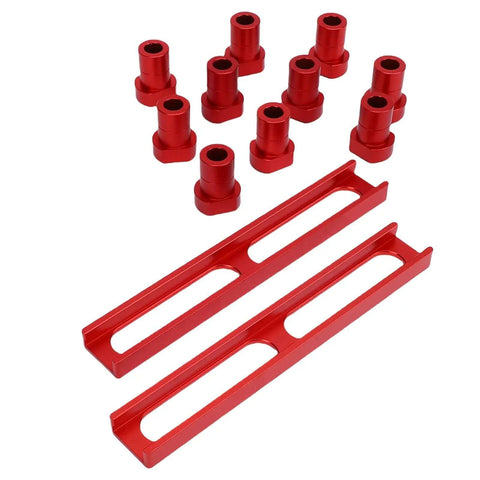 10 Pack Bench Dogs Non Slip Clamps For Woodworking, Heavy Duty Aluminum Alloy, Anodized, Rock Solid Workbench Stops, 20mm Diameter With 2 Base Plates, Red, Easy Setup And Precise Alignment shown in red color.