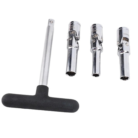 Glow Plug Socket Set Eight Millimeter Ten Millimeter Twelve Millimeter With Three Eighths Inch Drive T Bar Handle And Universal Joint For Automotive Repair And Removal Of Broken Glow Plugs, including T-Bar handle and sockets.