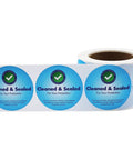 Dang Tough Blue Tamper Seal Labels Plus 2 Inch Round Writable Security Stickers With Clean Peeling Adhesive For Appliances And Moving Boxes In 500 Count Pack on a roll showing blue seal labels.