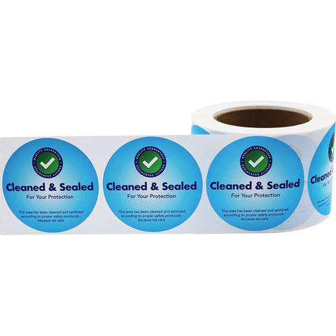 Dang Tough Blue Tamper Seal Labels Plus 2 Inch Round Writable Security Stickers With Clean Peeling Adhesive For Appliances And Moving Boxes In 500 Count Pack on a roll showing blue seal labels.