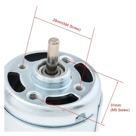 Close-up of 895 High Torque DC Motor showing dimensions, 28mm and 31mm screw holes, ideal for power tools and DIY projects.