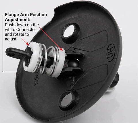 Flange arm position adjustment detail showing part for Tub Drain Linkage Assembly with Trip Lever and Strainer Done Cove, Fit for Trip Lever Bath Tub Waste and Overflow Drain, Brush Nickel Finish By Plumb USA.