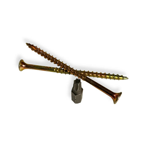Contractor Favorite Heavy Duty Wood Construction Screws Size Nine By Three Inch with T25 driver bit for carpentry tasks.