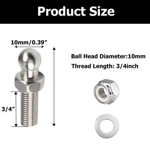 Hella Durable 10mm Ball Studs With 5/16-18 Thread And 3/4 Inch Long Shank, showing dimensions and steel hardware for gas spring lift supports.