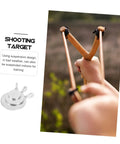 Hand holding slingshot with insert of six piece stainless steel gong shooting targets for practice and training