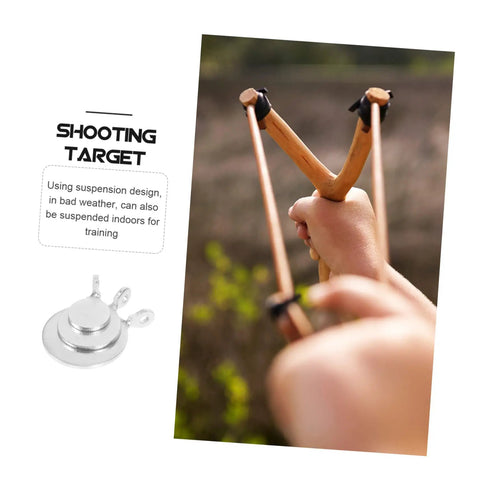 Hand holding slingshot with insert of six piece stainless steel gong shooting targets for practice and training