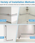 Variety of installation methods for heavy duty stainless steel shower grab bar for seniors and handicap bathrooms, L-shaped rails.