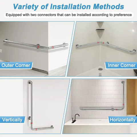 Variety of installation methods for heavy duty stainless steel shower grab bar for seniors and handicap bathrooms, L-shaped rails.