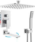 Polished Chrome Rain Shower Mixer Faucet Set With Waterfall Tub Spout 12 Inch Square Rainfall Head Ceiling Mount With Handheld Sprayer All In One Rough In Valve And Trim Included