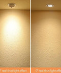 Real shot light effect comparison showing 35° and 0° angles from Nine Piece Adjustable Gimbal Eyeball Led Recessed Downlight Kit.