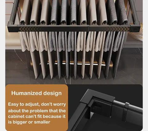 Expandable Trouser Rack Slim Drawer Organizer Stores Pants Jeans Skirts And Ties With Pull Out Hooks displayed with pants hanging.