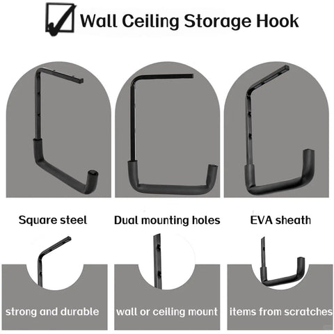 4 Pack Ceiling Mounted Garage Hooks For Overhead Storage Utility Ladder Hangers For Ladders Bikes Tools Lumber Hoses And Gear Easy Install Ceiling Rack displaying square steel structure, dual mounting holes, and EVA sheath.