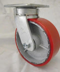 Six By Two Inch Kingpinless Casters Featuring Bombproof Polyurethane Treads Over Rugged Steel Cores Swivel And Rigid Four Pack visible from the side with metal mount.
