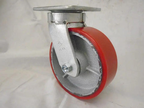 Six By Two Inch Kingpinless Casters Featuring Bombproof Polyurethane Treads Over Rugged Steel Cores Swivel And Rigid Four Pack visible from the side with metal mount.