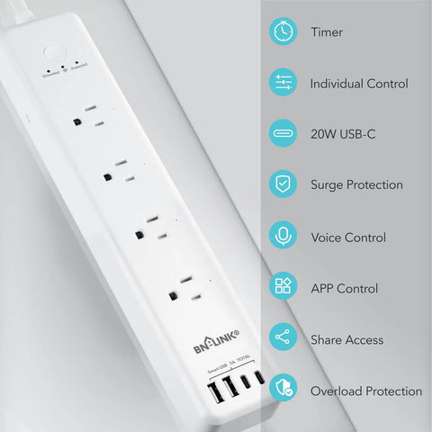 Smart Power Strip With 4 Individually Controlled Outlets And 4 USB Ports Including 20W USB C Fast Charging Surge Protector