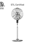 Back view of ETL certified 16 Inch Chrome Digital Metal Stand Fan With 3 Speed Settings, 75 Degree Oscillation, Remote Control