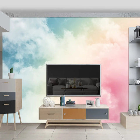Living room scene with a Colorful Cloud Wall Mural For Living Room And Bedroom Decor Fabric Material Large 137 By 96 Inch Backdrop Not Peel And Stick Requires Thick Wallpaper Adhesive Divided Into Six 22.83 Inch Wide Panels behind TV.