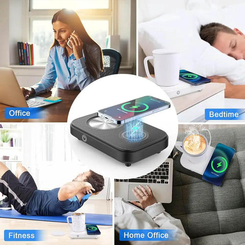 Dual Purpose Desktop Coffee Mug Warmer And Colder With 15W Fast Wireless Charging Pad For Travel Cups at home and office settings.