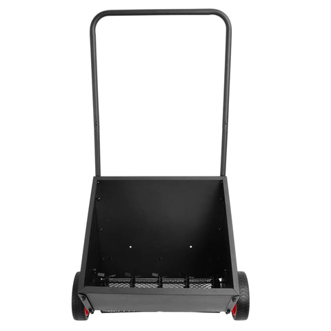 Four Wheel Spreader And Garden Cart with handle, wide wheelbase, for lawn fertilizer, grass seed, compost topdresser, front view.