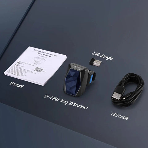 Ring Wearable 2D Barcode Scanner With USB Wired 2 4G Wireless And Bluetooth, manual, dongle, and USB cable displayed