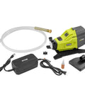 Portable Water Transfer Pump With Hybrid Power, 18V Battery Or 120V AC, Free Standing Base, shown with accessories, battery not included.