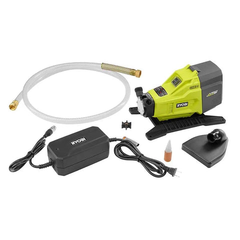 Portable Water Transfer Pump With Hybrid Power, 18V Battery Or 120V AC, Free Standing Base, shown with accessories, battery not included.