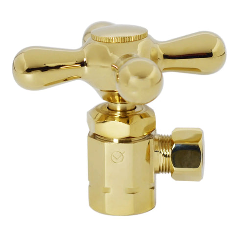 Cross Handle Compression Angle Stop Kit With Corrugated Riser Supply Line One Half Inch IPS Inlet To Three Eighth Inch OD Outlet Twenty Inch Length Polished Brass Includes Faucet And Toilet Cone Washers