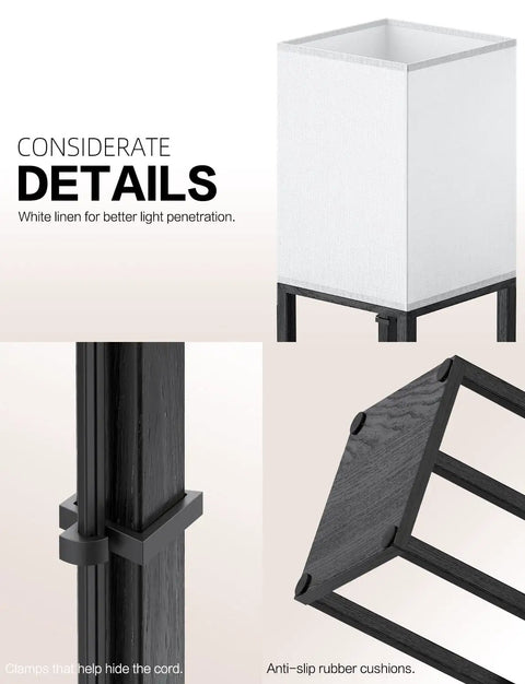 Detailed view of Three Tier Floor Lamp With Shelves For Living Room Black Finish With 11W LED Bulb And Dual USB Ports Plus A Power Outlet Perfect For Bedroom Or Lounge Slim Sturdy Shelving And Modern Lighting, featuring linen shade, cord clamps, and anti-slip cushions.