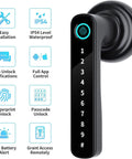 4 In 1 Fingerprint Door Lock With App Code Backup Key And Keyless Entry Black, side view showing keypad and digital display
