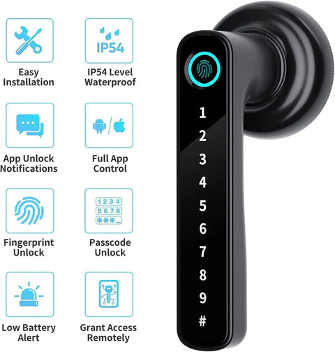 4 In 1 Fingerprint Door Lock With App Code Backup Key And Keyless Entry Black, side view showing keypad and digital display