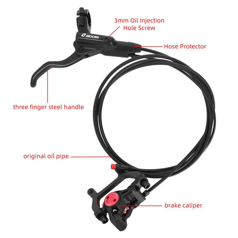 Z00M HB875E eBike hydraulic disc brake kit (front view): lever and caliper with three-finger steel handle