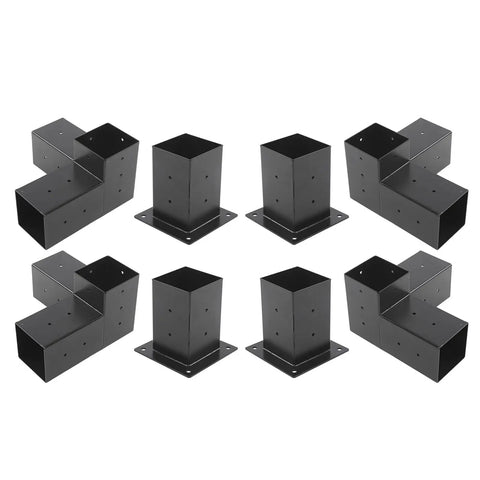 Hella Tough Steel Corner Brackets For Elevated Wood Deck Stand Kit Rust Proof Outdoor Lumber Support Hardware Powder Coated Post Mount Connectors Pack Of Eight showing black metal corner brackets.