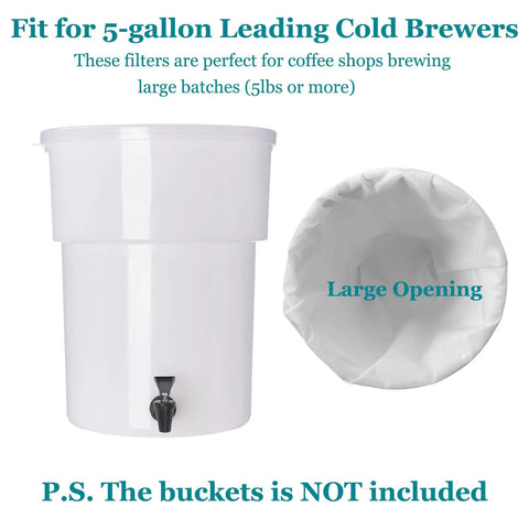 Heavy Duty Cold Brew Coffee Filter Bags 100 Pack No Fuss Disposable Brewing Sacks with large opening for 5-gallon brewers.